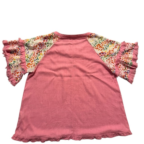 Umgee Blouse Womens 1XL Short Sleeve Pink Frayed Ruffled Cheetah Top Boho.   C42 - Picture 5 of 13